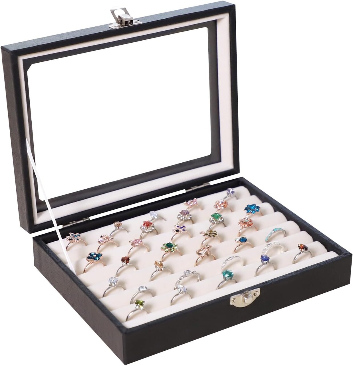 Ring Holder Small Jewelry Storage Box Ring Display Case Cute Ring Box Ring Organizer With Clear Lid Jewelry Box for Women Girls Christmas Gift Beige